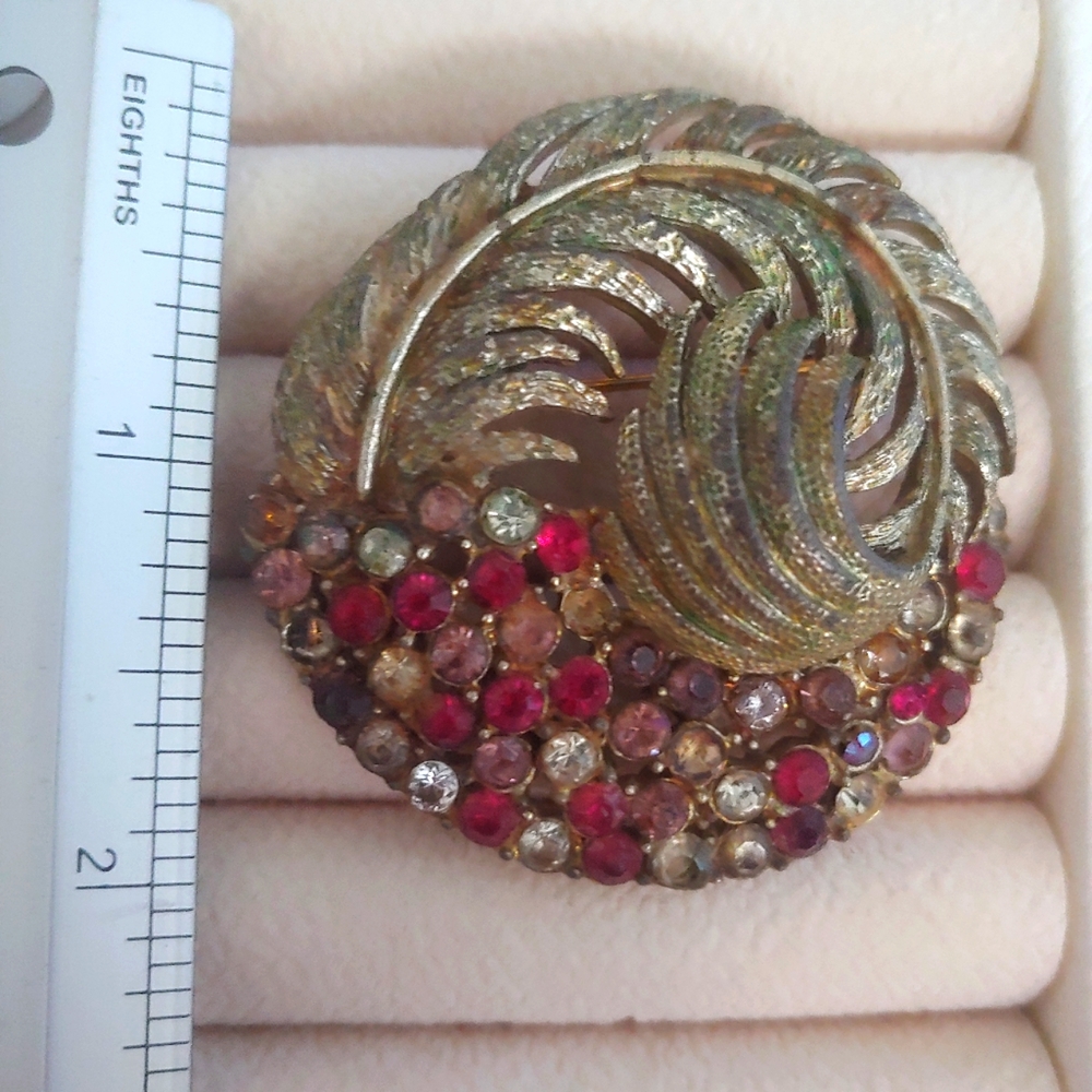 Vintage Feather and Faux Rhinestone Brooch